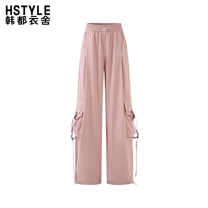韩都衣舍抽绳松紧腰立体口袋工装裤女宽松垂感直筒休闲长裤春季款