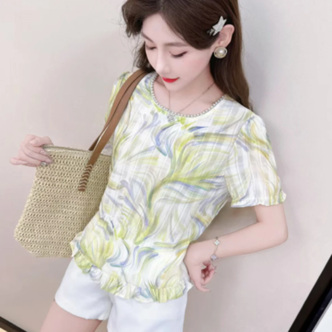 823#【衣长53】夏季新款短款百搭显瘦圆领设计感小众短袖衬衫女