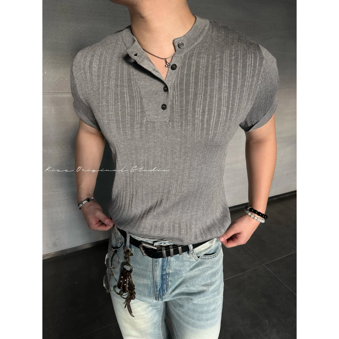 【kizz】高弹肌理感休闲百搭夏季高级通勤老钱风针织亨利领短袖T恤