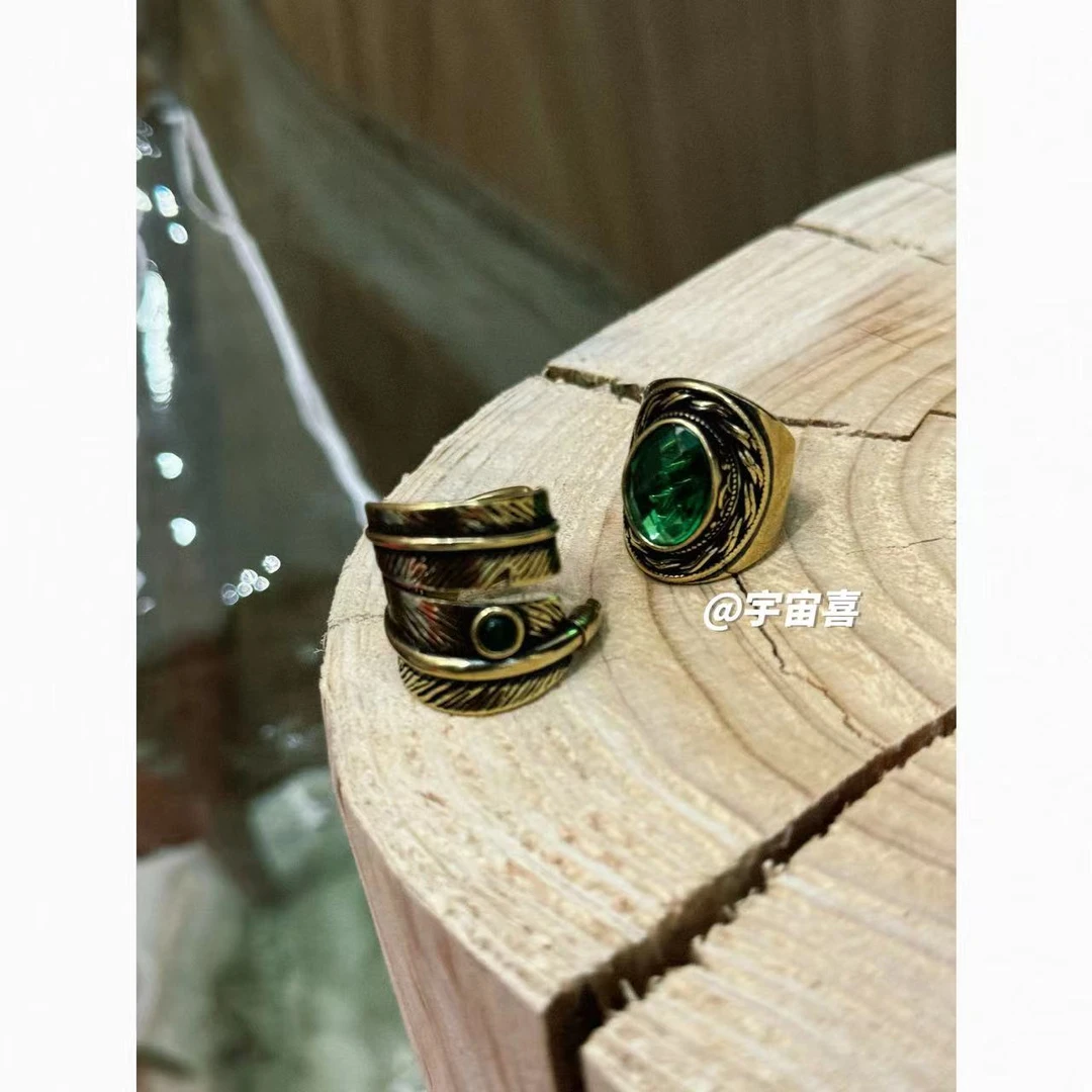 铜合金锆石戒指 K1-025【绿锆黄铜羽毛中古镀银戒指】单只售卖