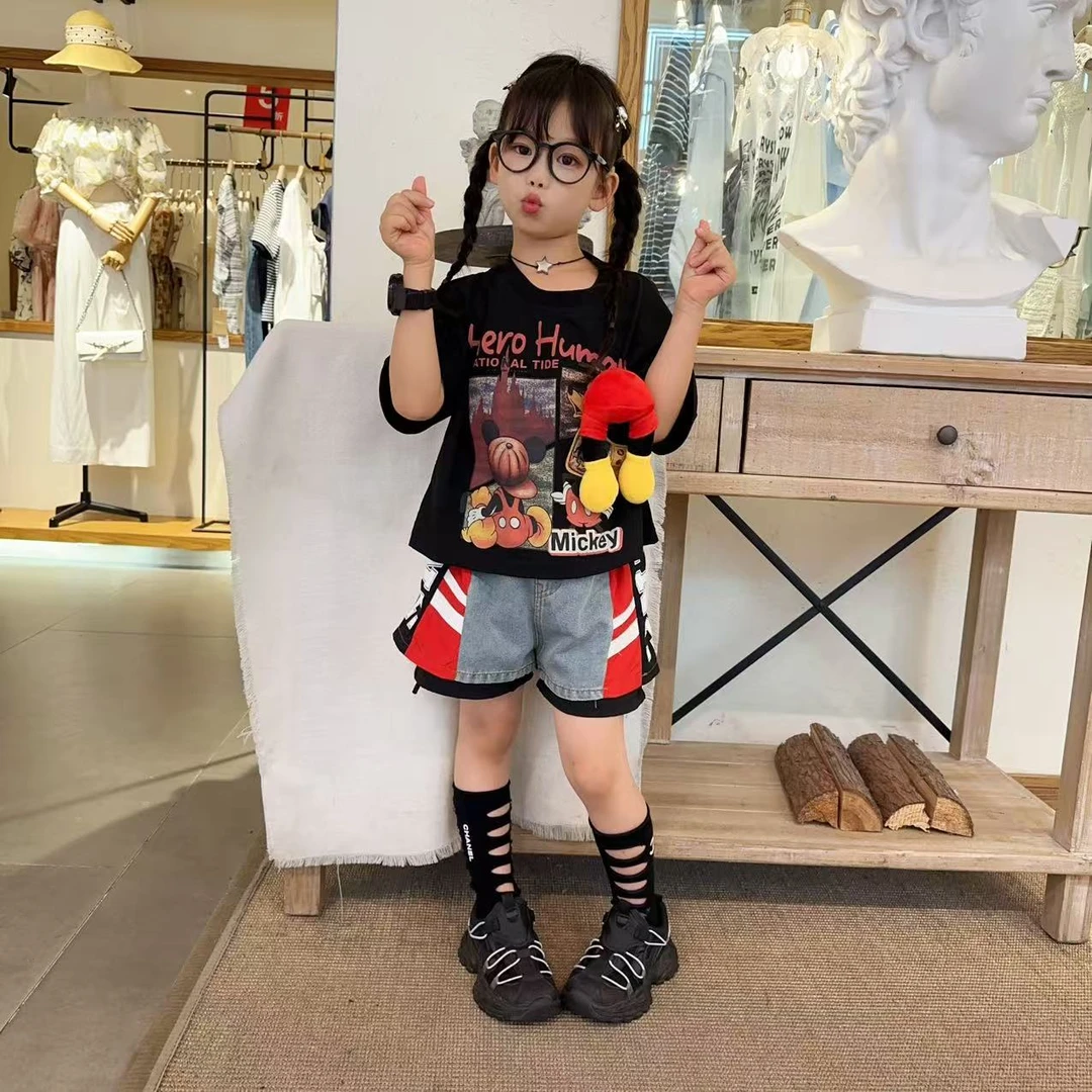 女童多巴胺玩偶短袖拼接牛仔短裤套装2025新款印花短袖拼色短裤潮