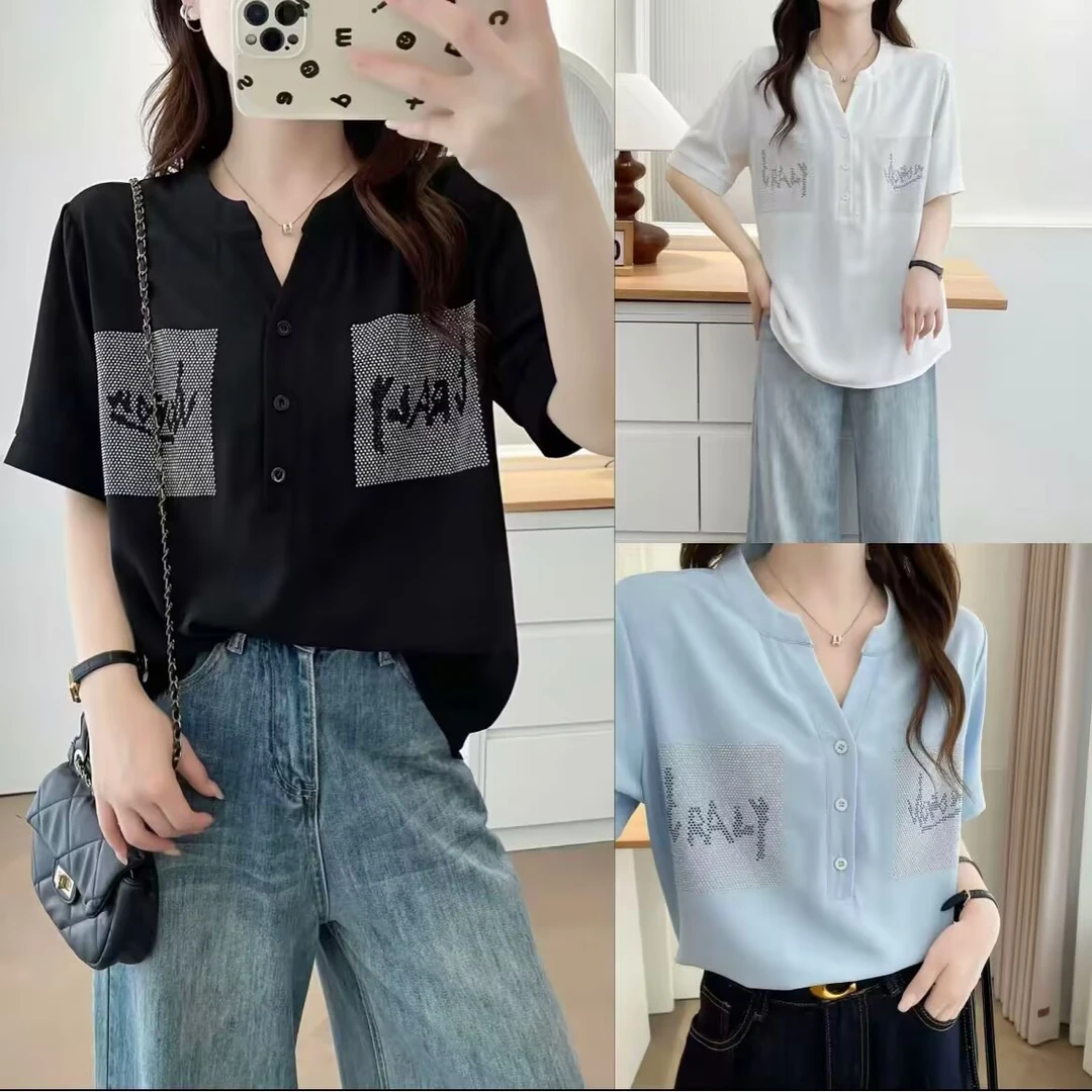 2025大码短袖V领宽松型黑色遮肚短袖衬衫烫钻吸汗珠片港风853