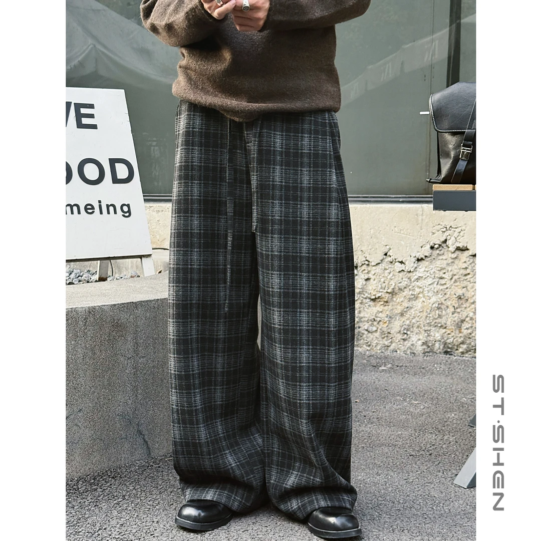 【ST·Shen】冬色织格纹撞色慵懒风阔腿加绒直筒拖地休闲裤男女1057