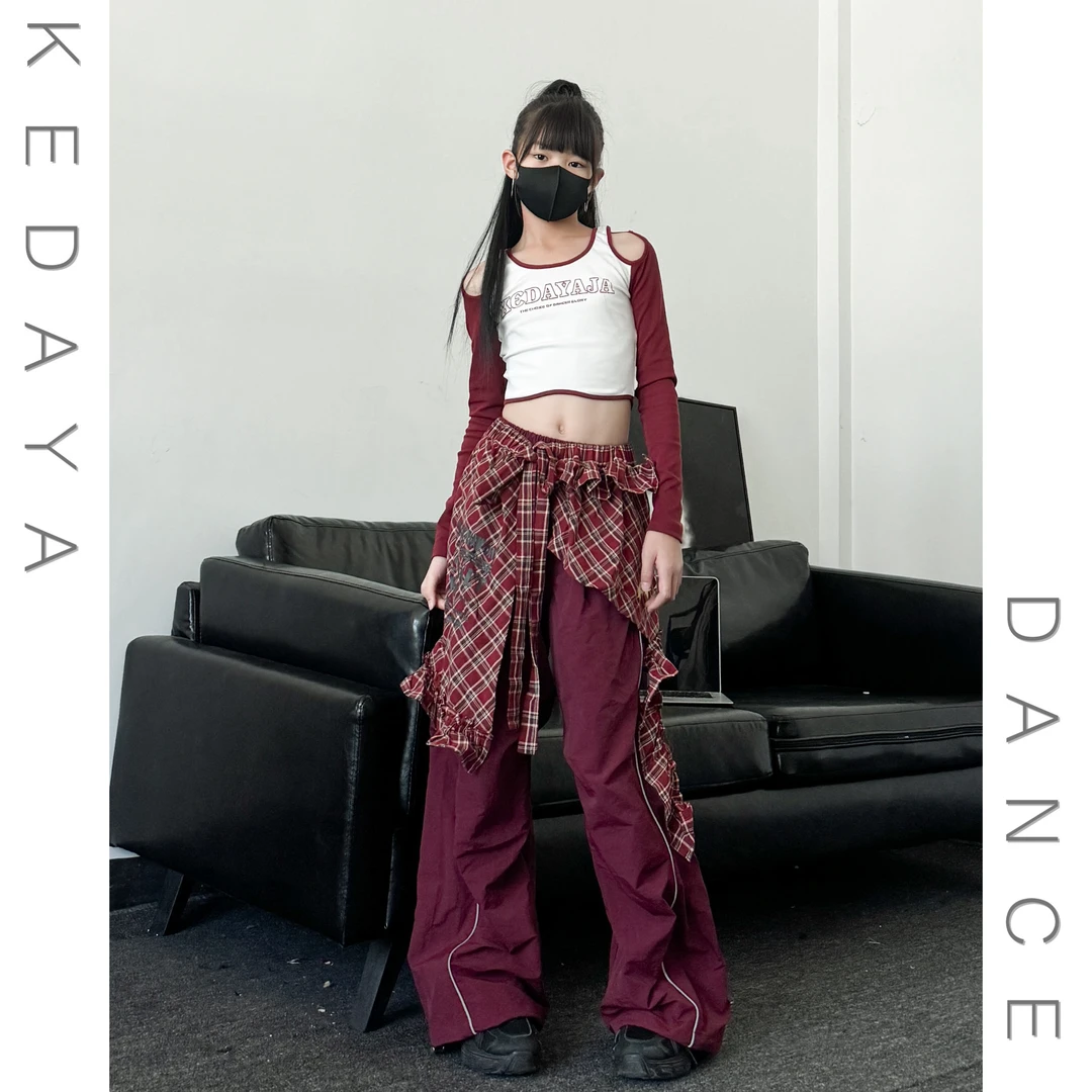 秋季新款童装潮酷女童修身长袖T恤腰封长裤少儿爵士舞演出服套装