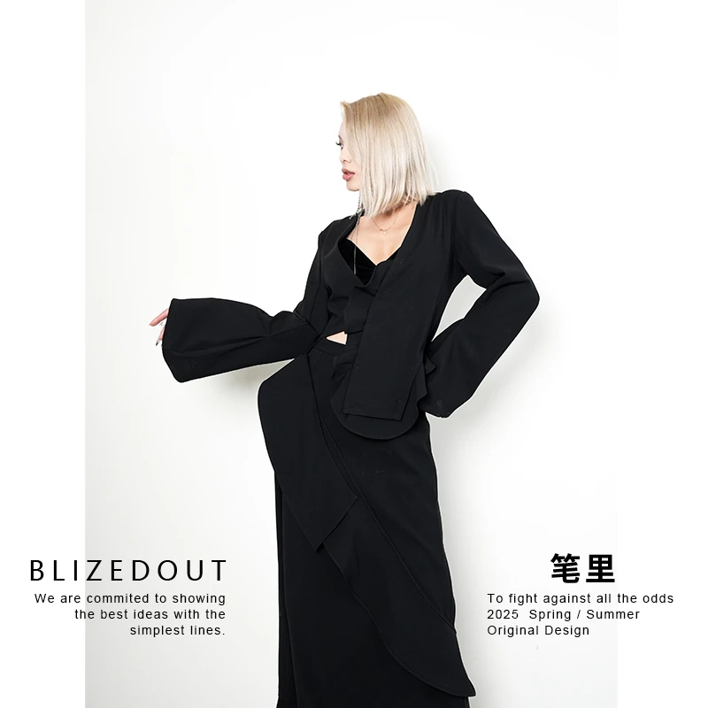 笔里【BLIZEDOUT】独立设计5021201春季黑色不对称解构设计西装外套