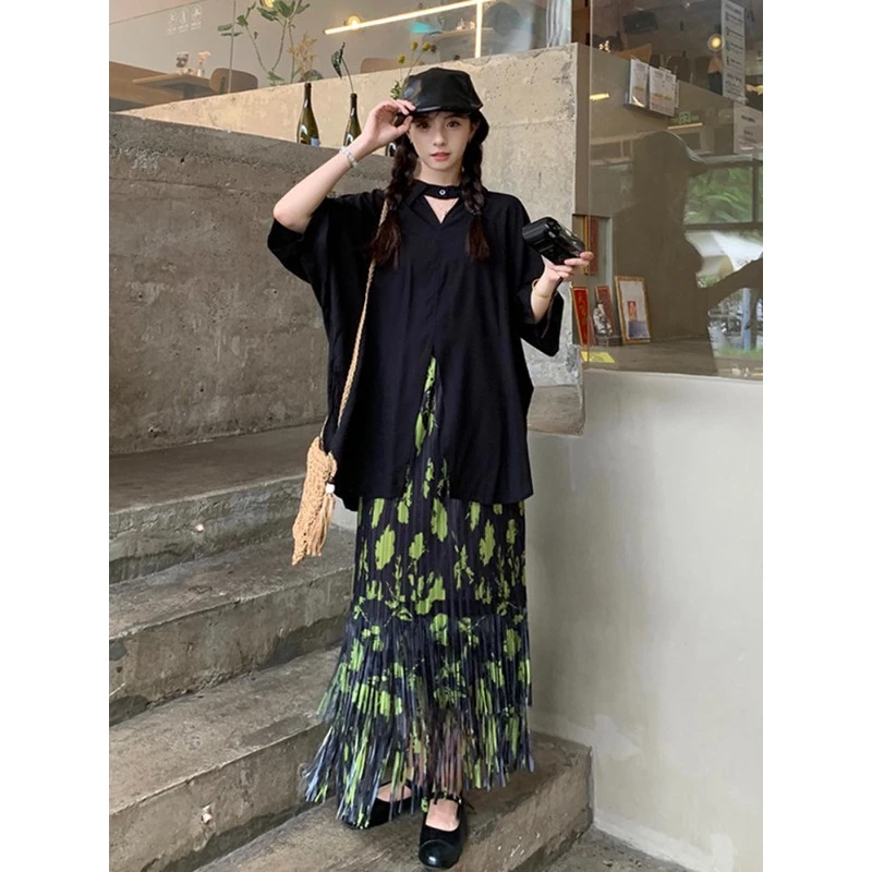 大码时尚套装女夏季半袖衬衫上衣微胖碎花流苏字半身裙两件套