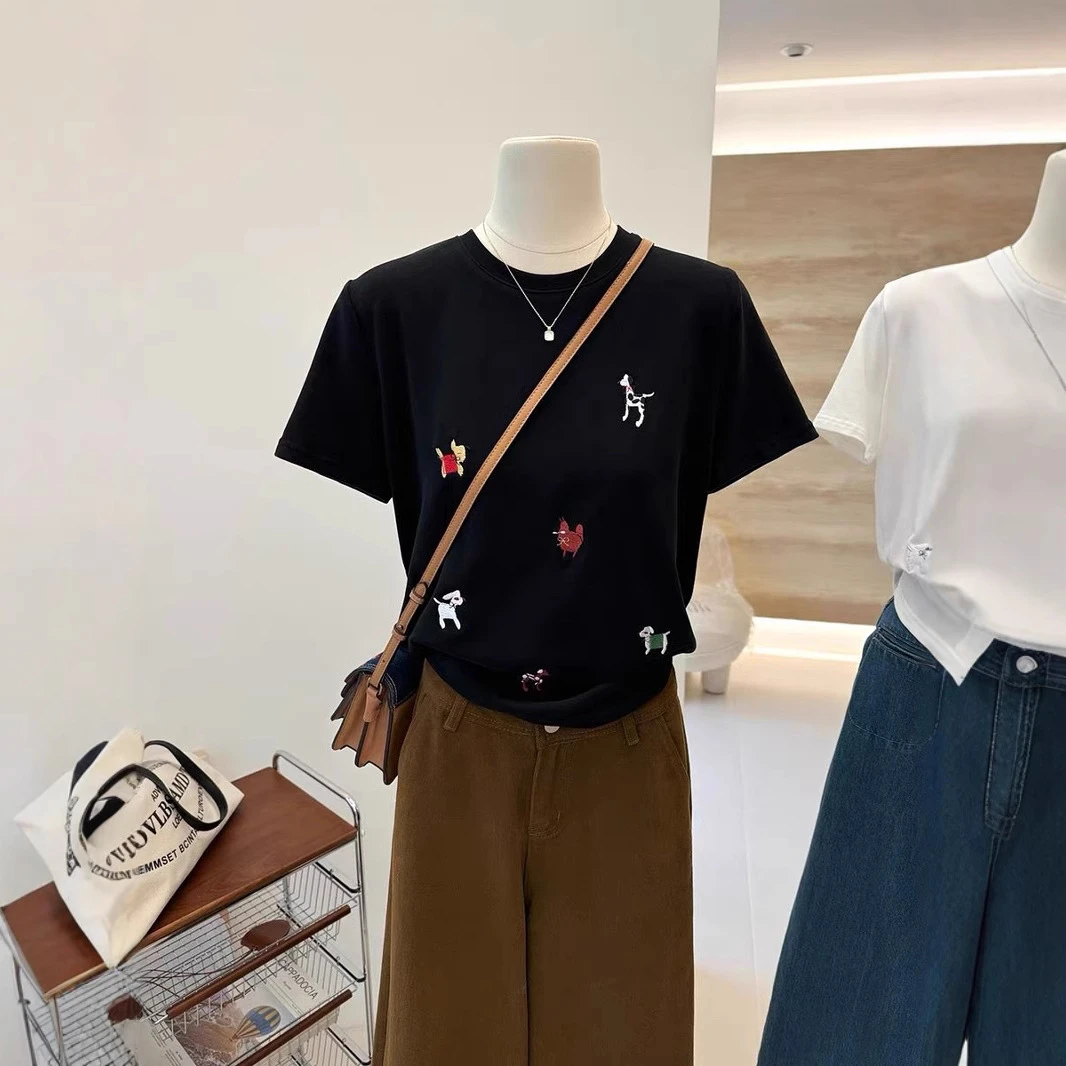 韩系小狗刺绣百搭短袖T恤女夏季新款宽松显瘦圆领内搭打底衫上衣