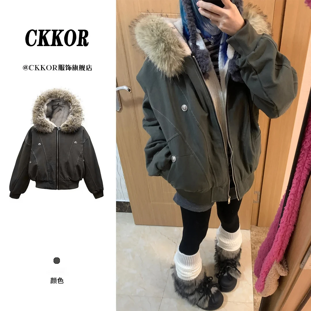 CKKOR秋冬穿搭加绒加厚工装棉衣女新款时尚潮牌毛领保暖棉服外套