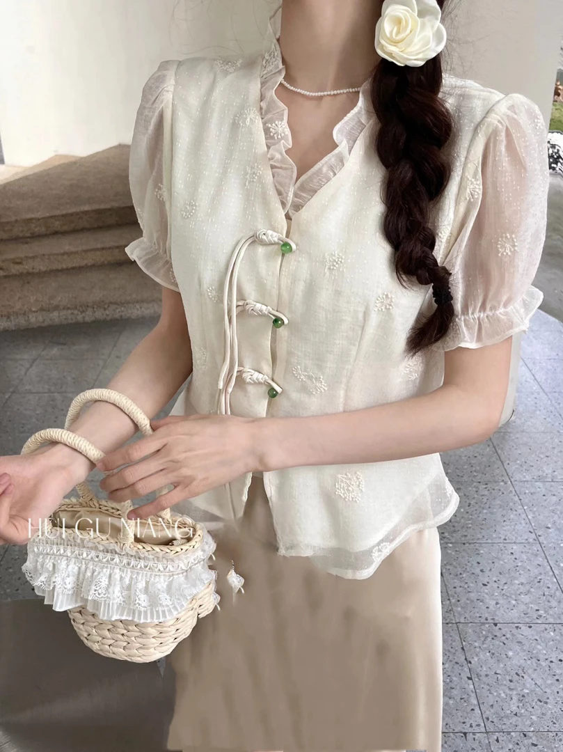 8006#新中式国风绣花盘扣衬衫女