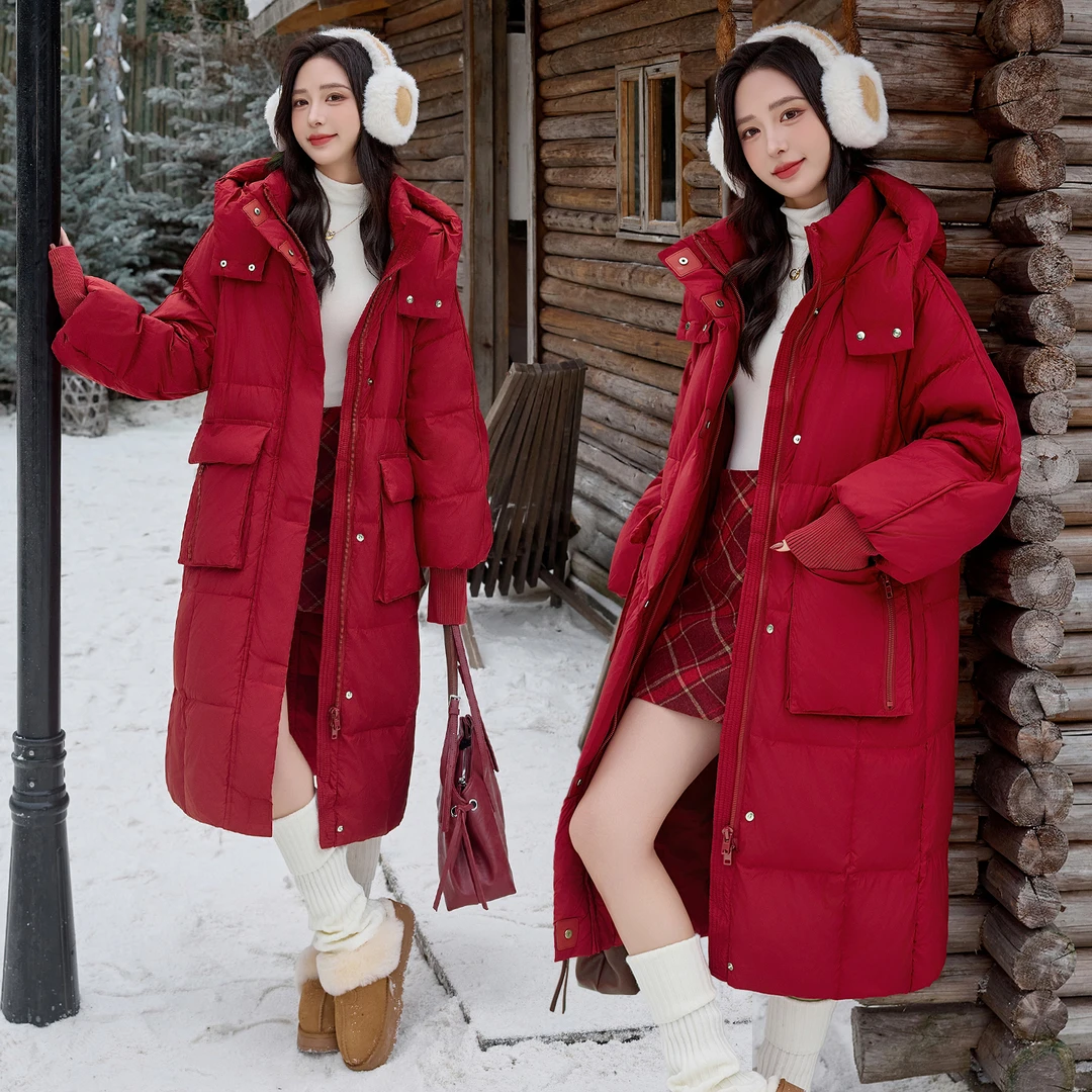 红色羽绒服冬季女新款小个子时尚长款回门服新娘结婚当天便装外套