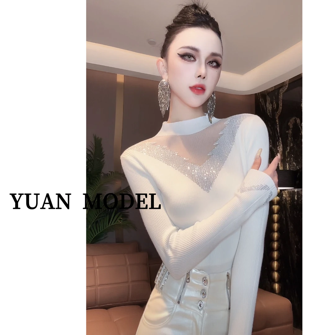 YUAN MODEL/媛老板-【冰雪公主】网纱V领烫钻气质套头针织衫100957