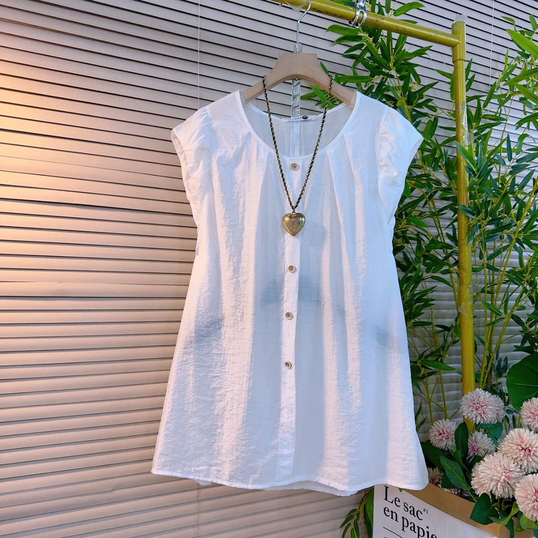 27526胖mm欧货时尚韩系纯色圆领飞飞袖宽松遮肉设计感简约百搭衫