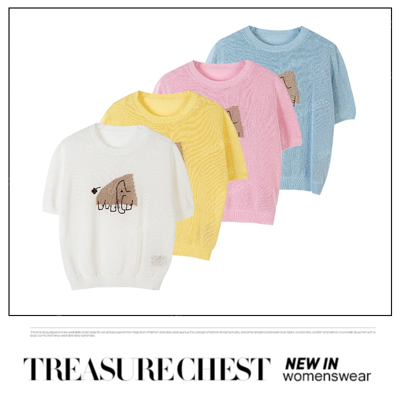 乔儿定制【吉象送财】高端定制面料和纸纱短袖T恤女夏薄镂空针织衫