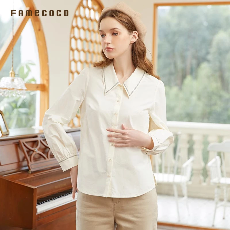 Famecoco范可儿优雅知性风刺绣翻领衬衫宽松长袖衬衣FAB1BH013