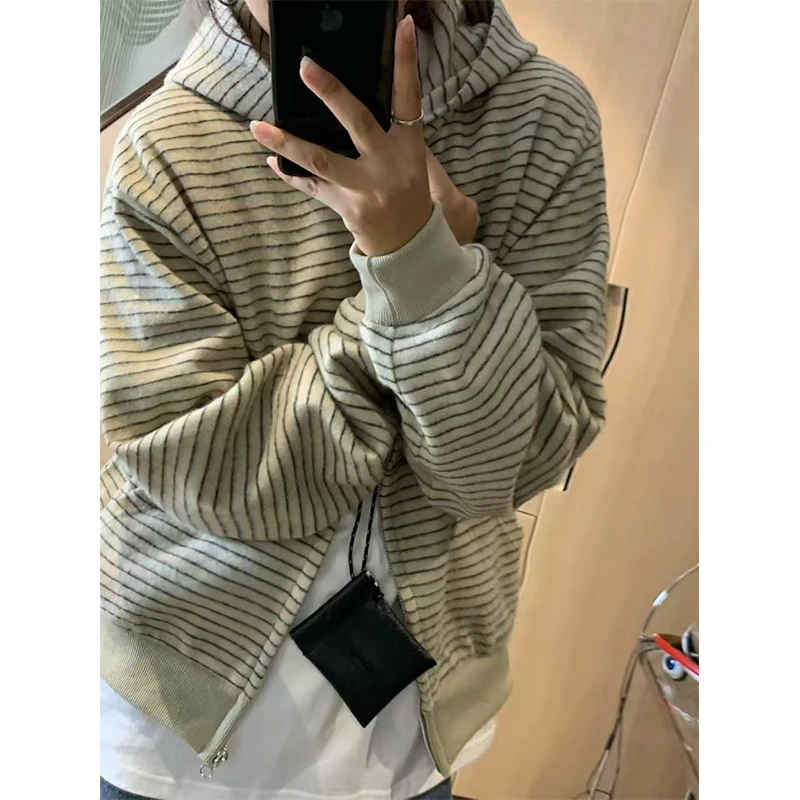 早秋新款条纹连帽开衫外套男女百搭磨毛休闲宽松拉链美式boxy卫衣