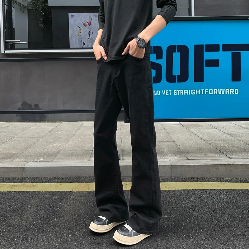 美式高街黑色弹力牛仔裤男秋季微胖男生穿搭显瘦裤子直筒微喇裤