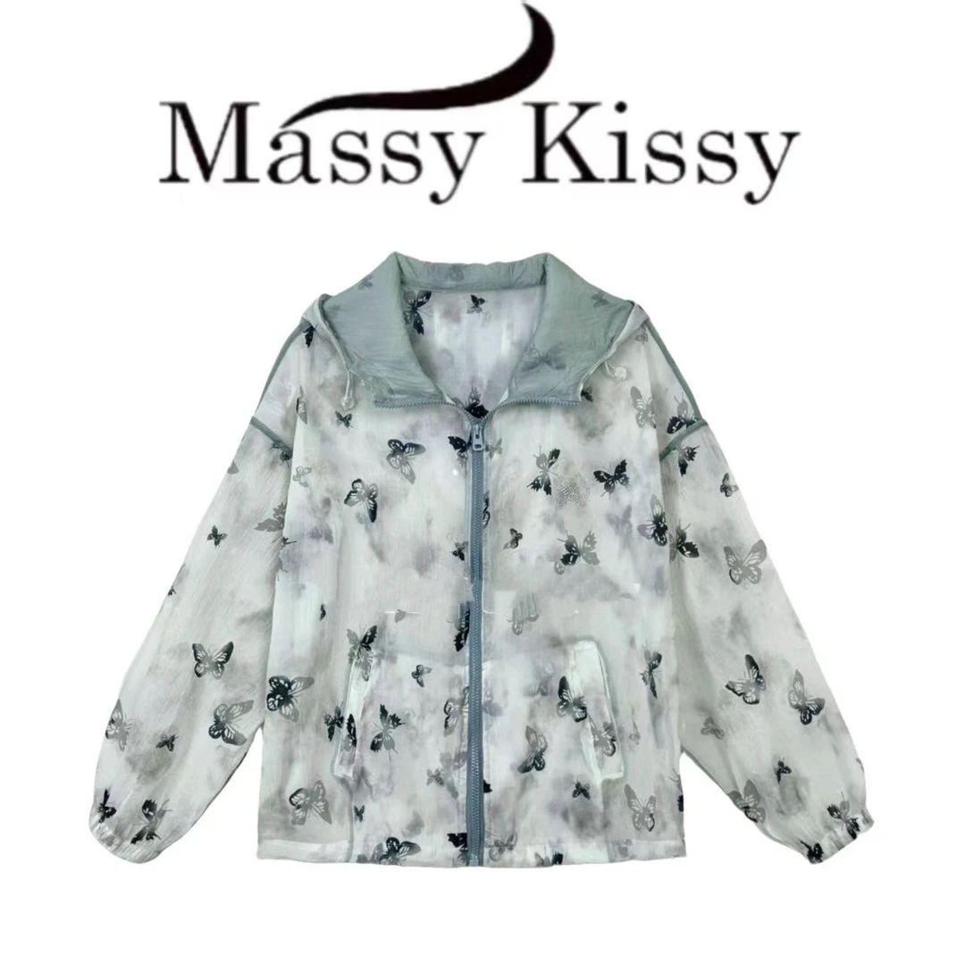 重工蝴蝶印花烫钻连帽宽松时尚百搭透气夏季防晒衣JJ