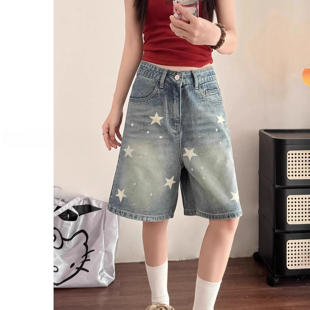 复古蓝星星印花牛仔短裤女夏季新款爆款宽松显瘦高腰直筒五分中裤