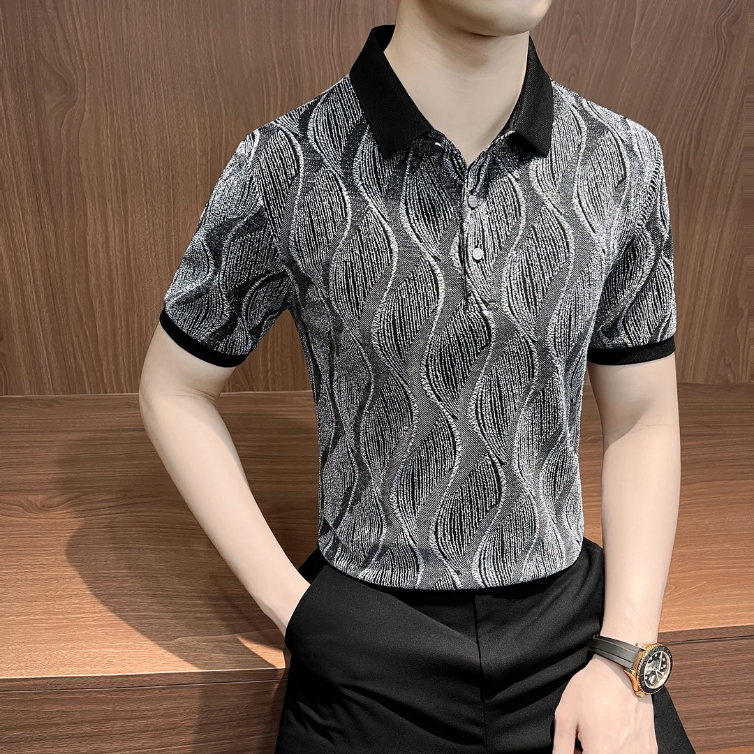 银丝Polo衫男款网红洋气炸街男装秋季2025新款潮流男士短袖花t恤