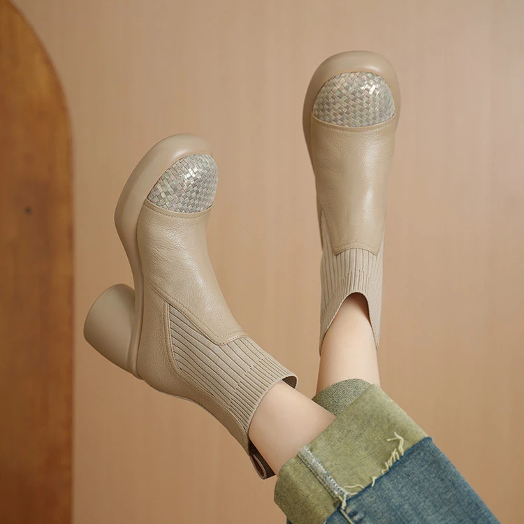 头层小羊皮~7cm粗跟秋冬靴子圆头短靴单靴英伦风极简风防滑套筒靴