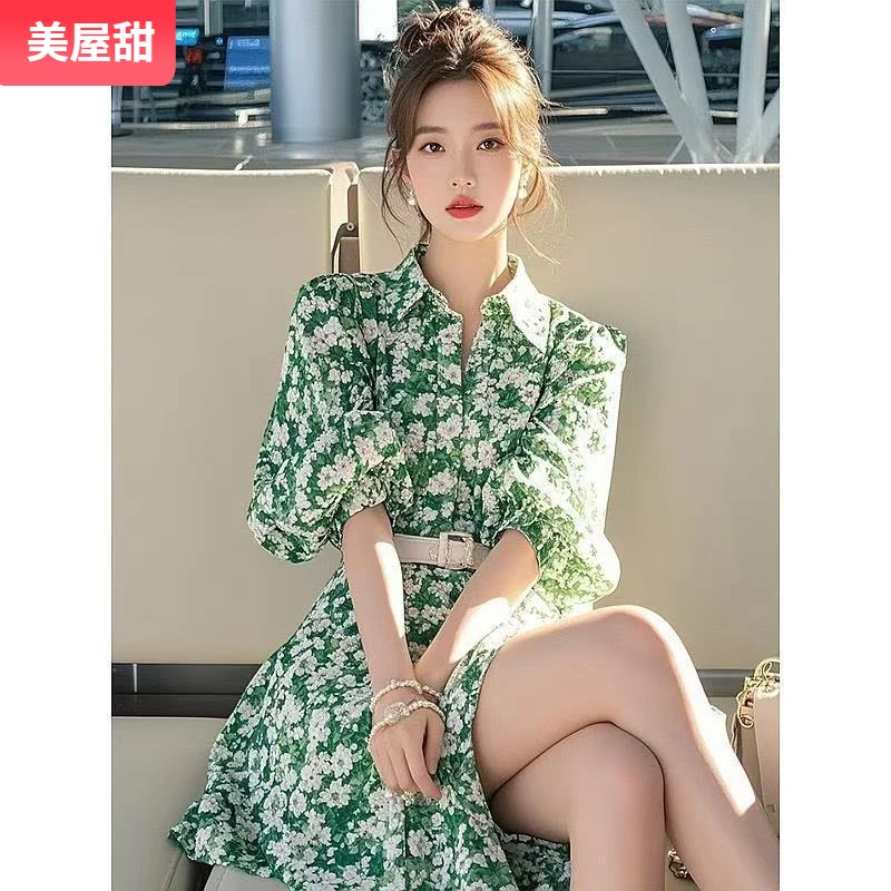 12025年春季韩系减龄洋气绿色碎花长袖衬衫连衣裙女多巴胺绝美小I
