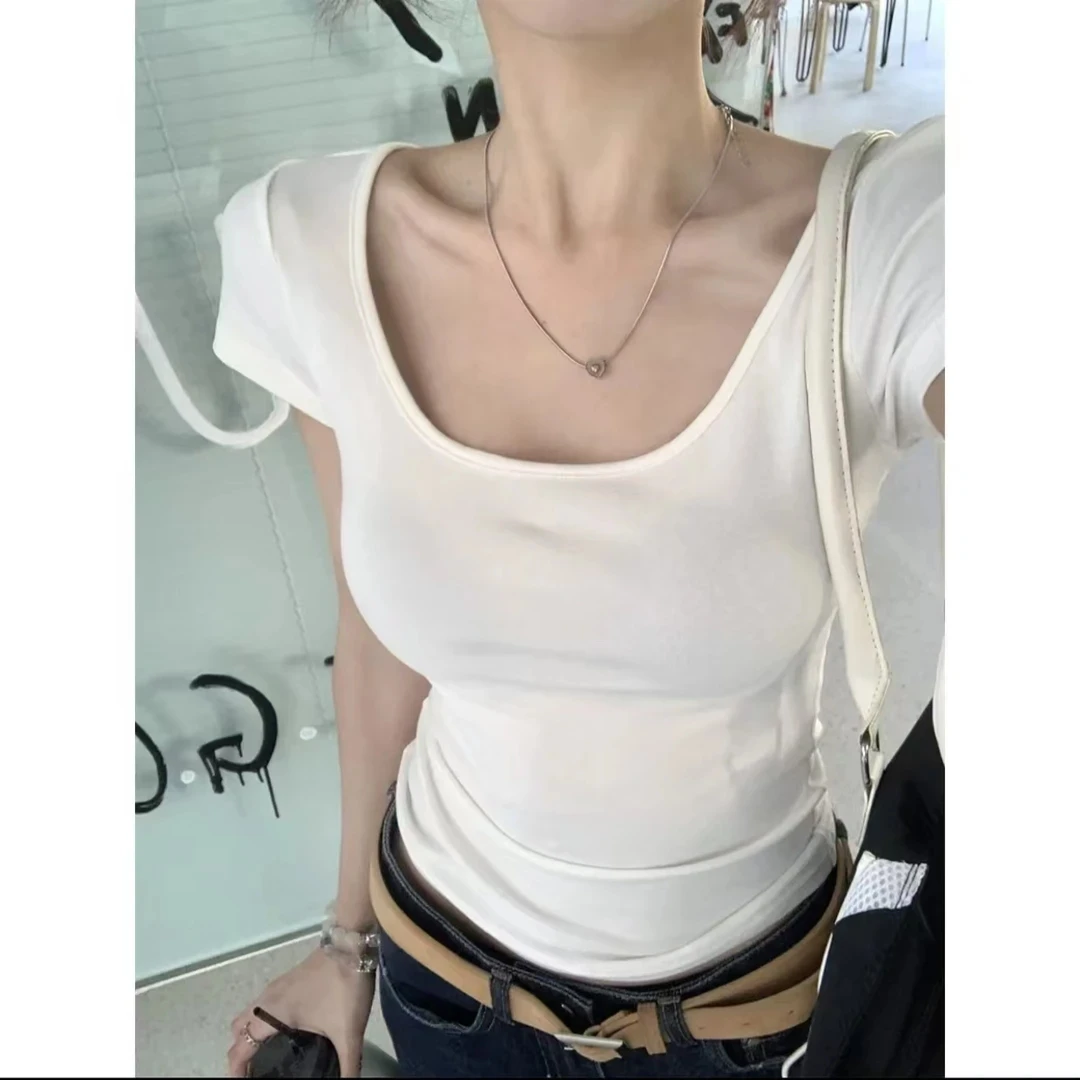 白色U领辣妹性感正肩短袖T恤女夏季修身显瘦低领口露锁骨短款上衣