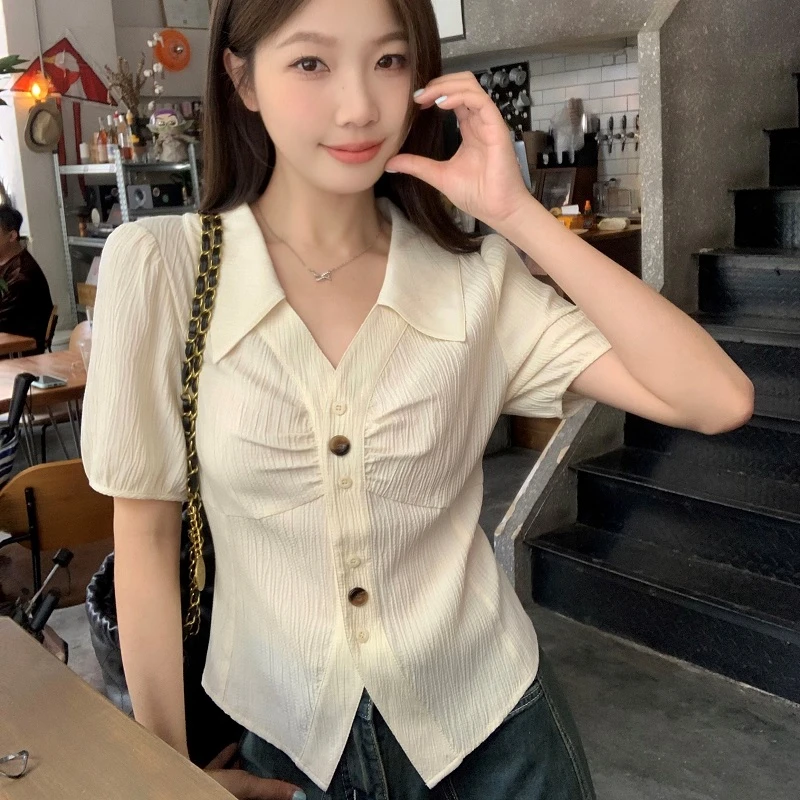 2025新款设计感修身显瘦短款衬衫女夏季胖mm双领型上衣女