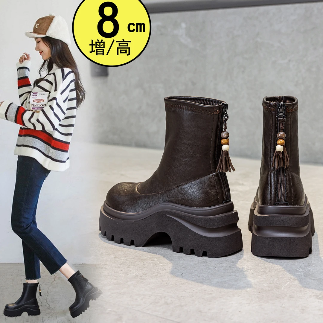 厚底马丁靴女英伦风小个子增高8cm时尚短靴显瘦秋冬加绒短靴休闲
