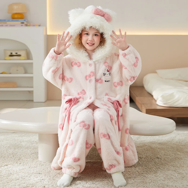 女童睡衣秋冬季珊瑚绒保暖卡通KT猫加厚小女孩睡衣中大童家居服冬