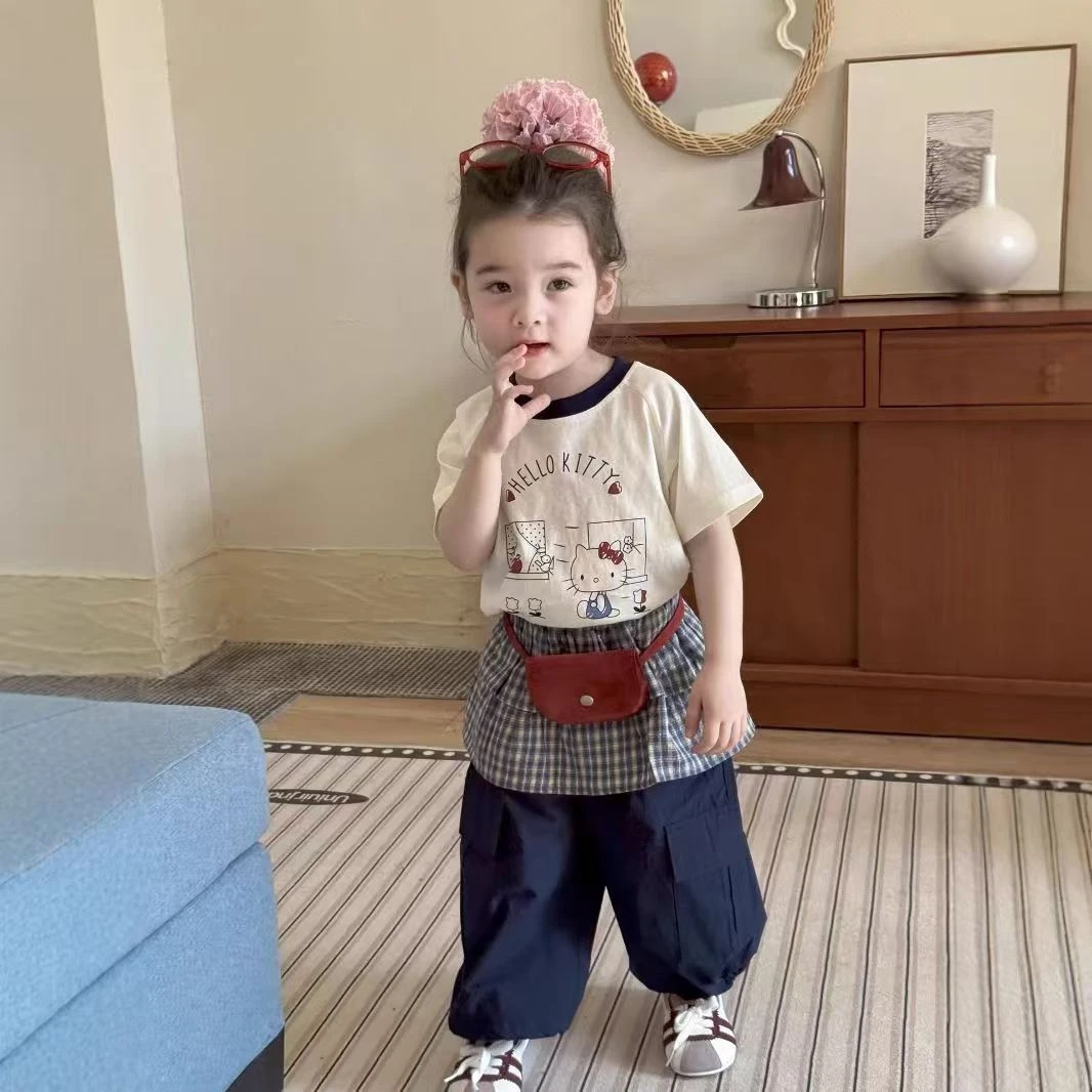 女童套装夏款女宝可爱卡通上衣时髦格子屁帘工装裤韩系童装三件套