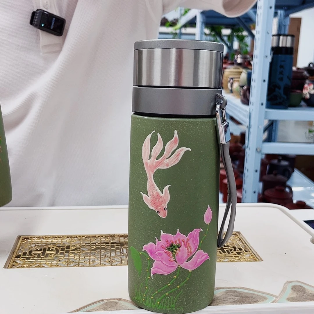 茶杯紫砂豆青沙“年年有鱼”车载杯