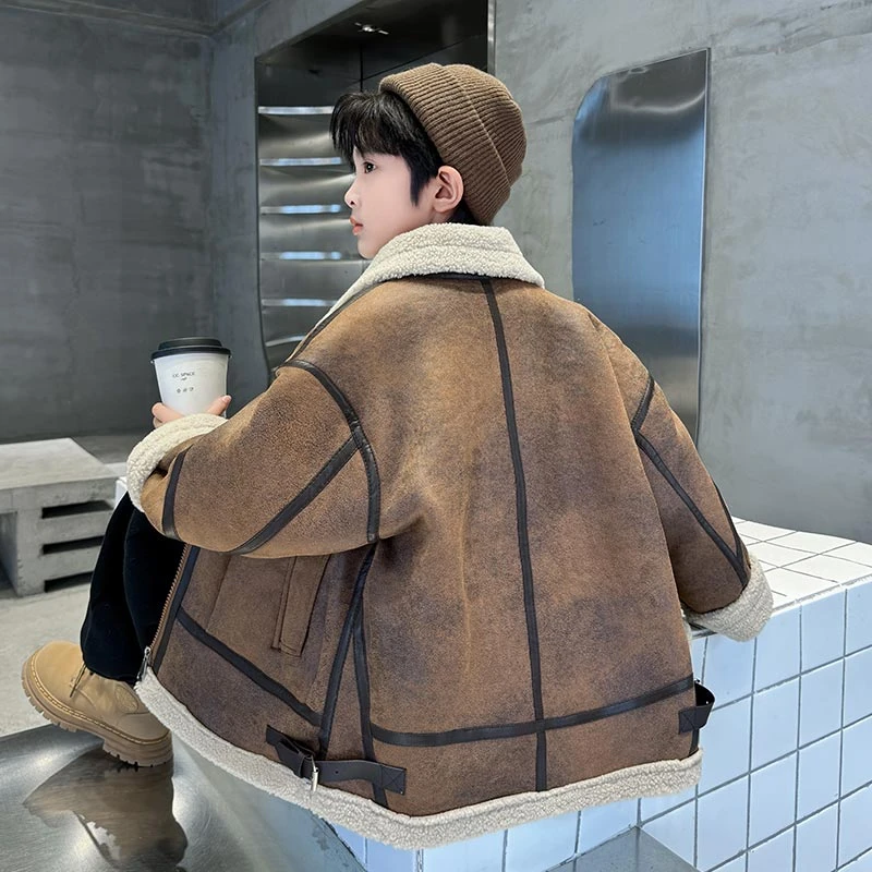 男童加绒加厚外套2025秋冬新款儿童装皮毛一体皮衣大童冬季男孩潮