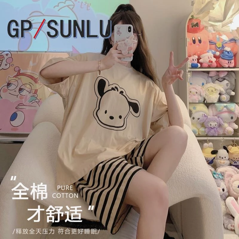 日本小众GP睡衣女夏季短袖短裤纯可外穿帕恰狗圆领夏天薄款棉家居