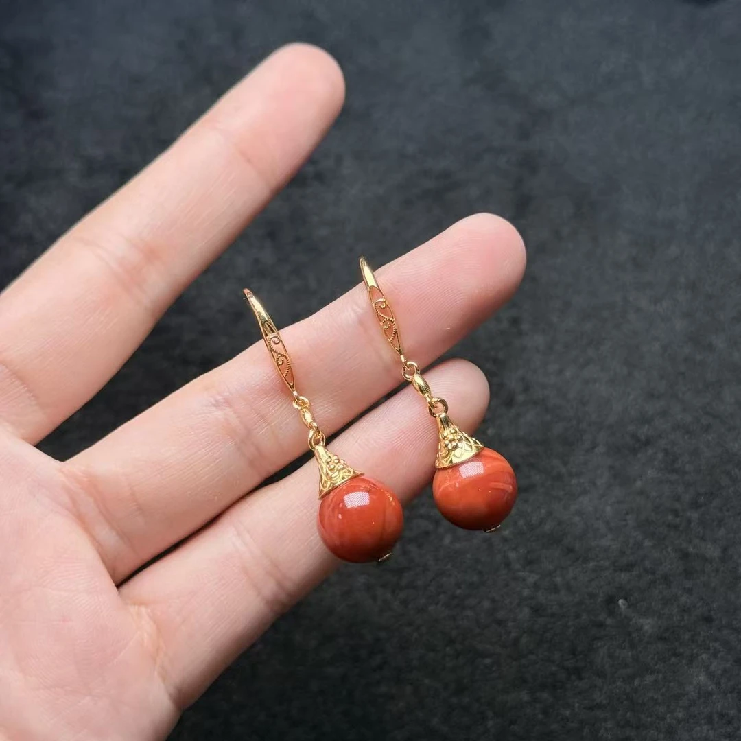 南红（玛瑙）S925南红圆珠耳钩-约11mm-PH臻-多样性发货-A3777