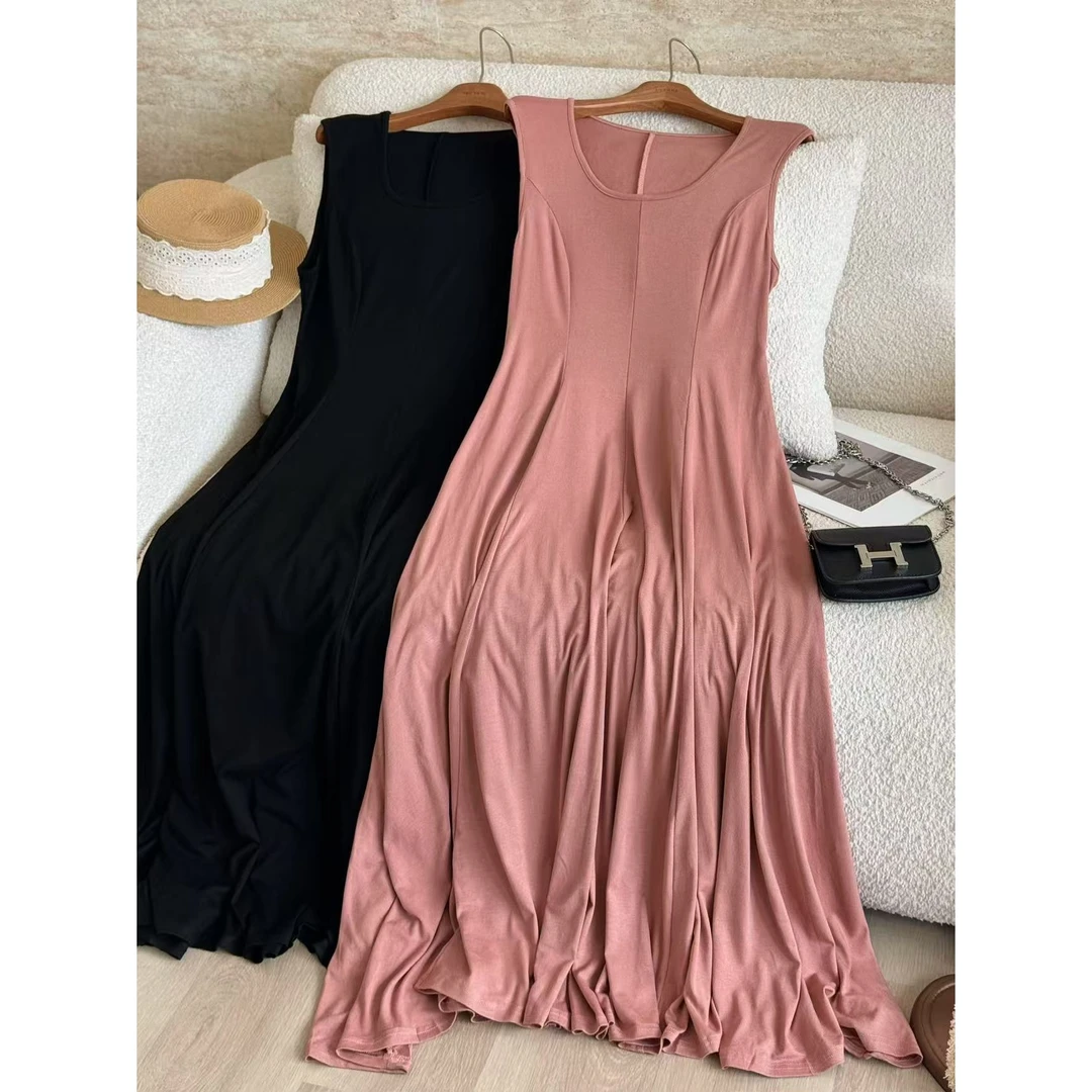 SP【绝美色！】裙摆超大气质U领收腰连衣裙女夏季显瘦无袖背心长裙子