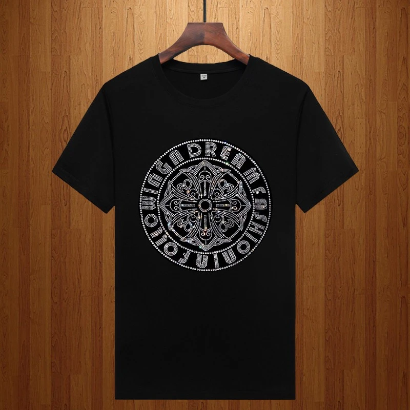 欧洲站2025夏季莫代尔个性时尚烫钻短袖t恤男青年大码体恤半袖潮