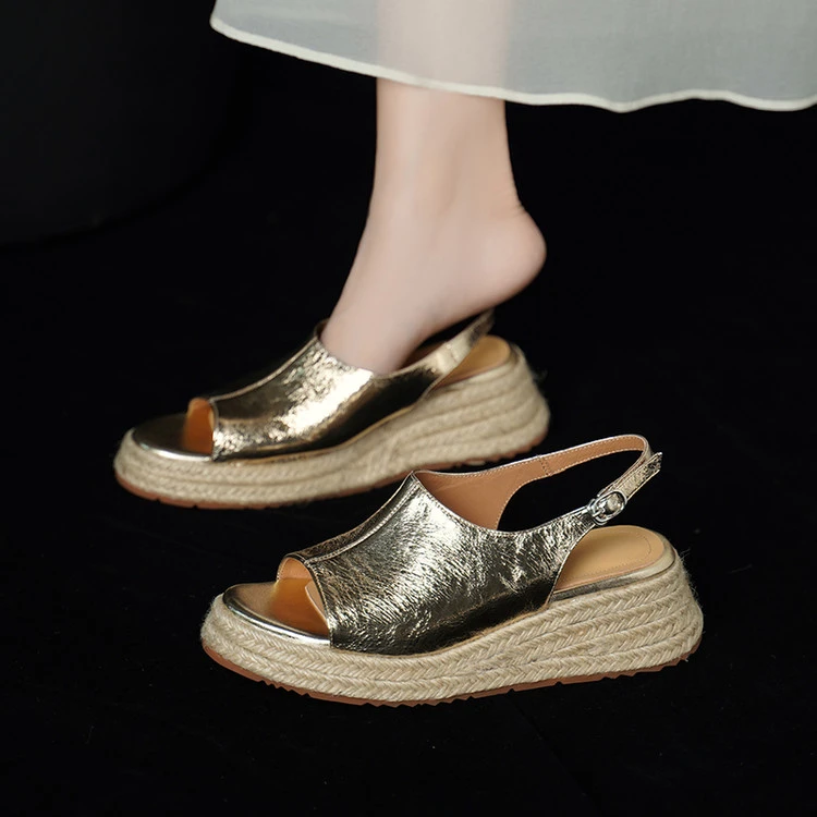 时尚坡跟草编凉鞋女2025夏季新款时尚厚底编织罗马时装松糕底女鞋