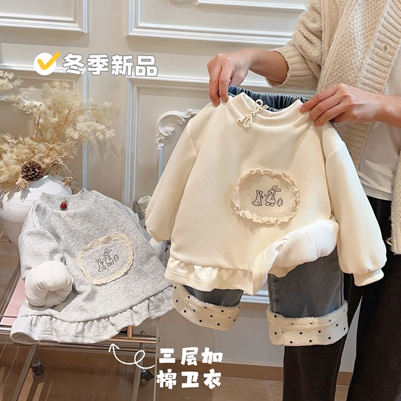 秋冬款女童潮款三层夹棉加厚卫衣女宝宝韩版长袖上衣儿童休闲童装