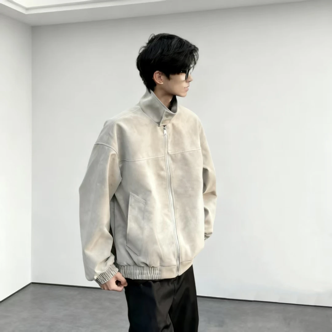 美式cleanfit春秋扎染PU皮复古立领皮衣夹克百搭外套机车上衣