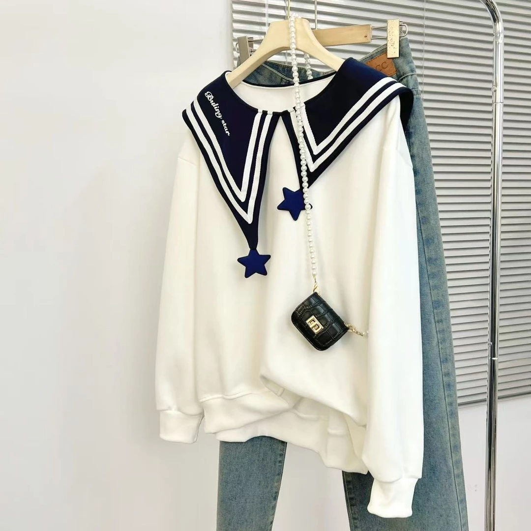 新款大码时尚学院风潮流百搭卫衣秋季时尚新款海军领休闲洋气上衣