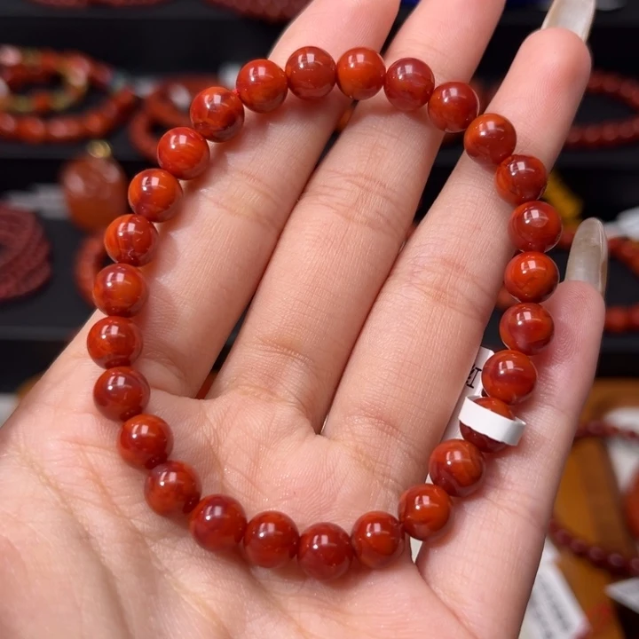 南红玛瑙未镶嵌手链满肉柿子红玫红双色7mm圆珠手串