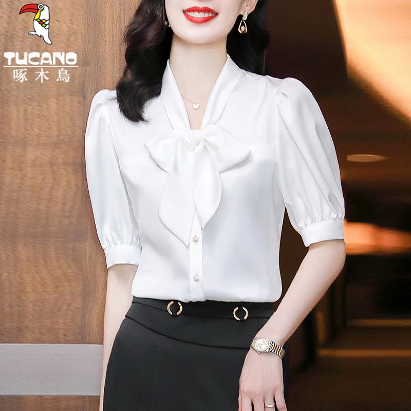 啄木鸟蝴蝶结系带衬衫女中袖春夏季2025新款洋气飘带雪纺白色衬衣