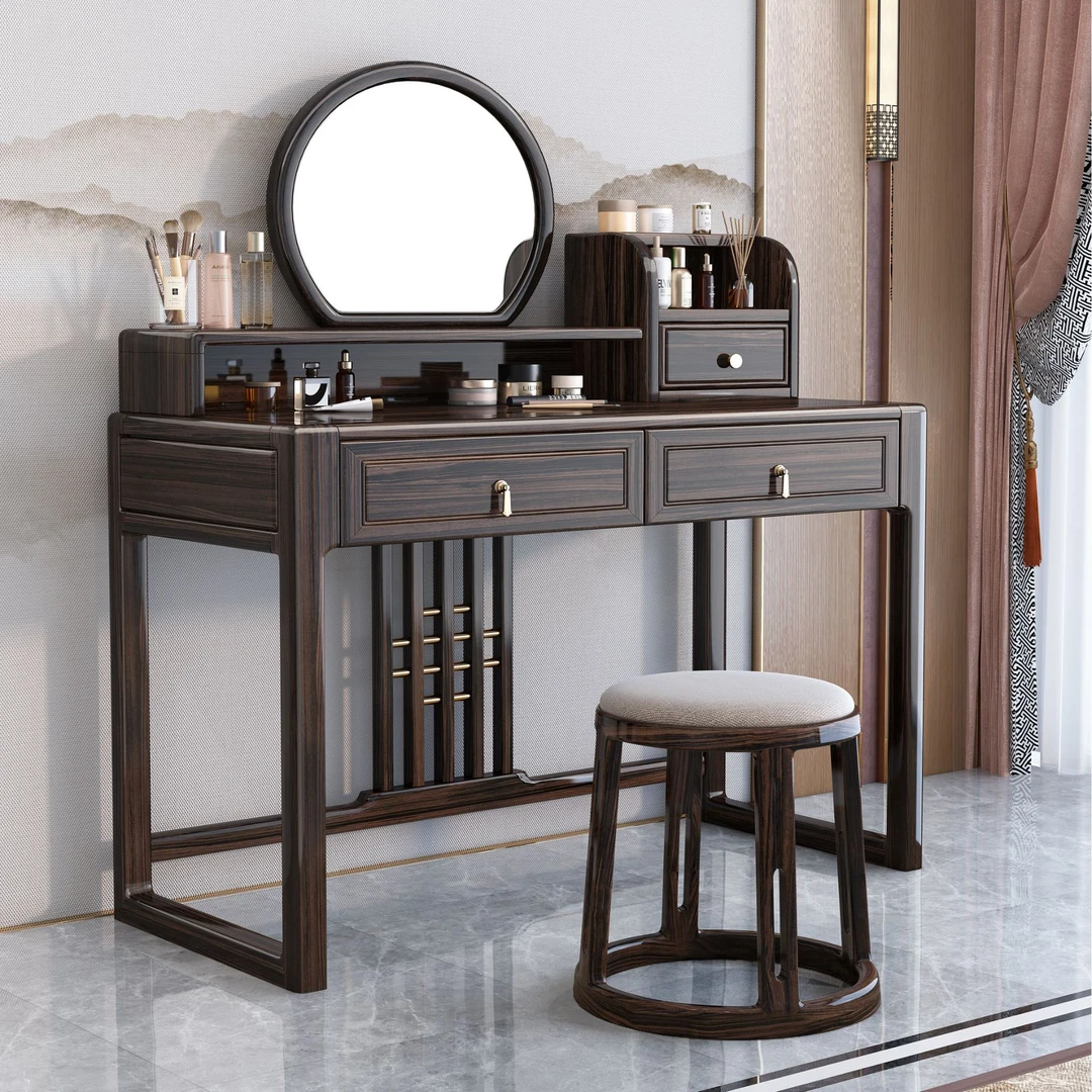 乌金木实木梳妆台新中式轻奢现储物卧室小户型简约化妆桌 X220375