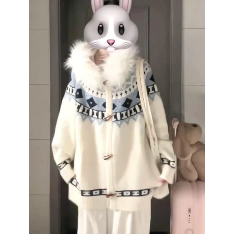 韩系大毛领连帽慵懒风毛衣开衫外套秋季复古针织雅秋冬款开衫毛衣