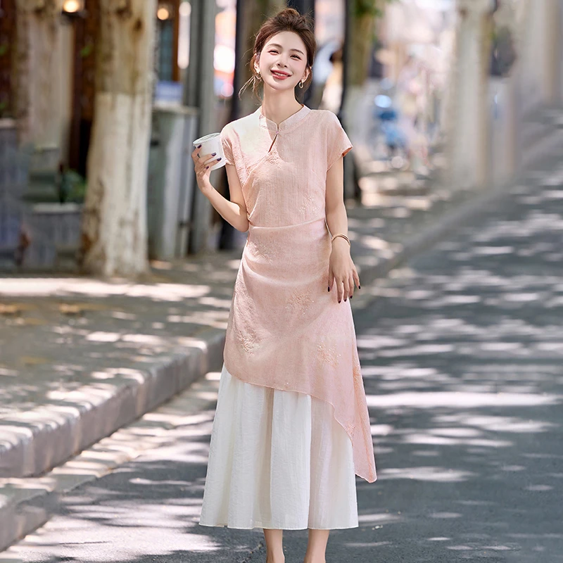 新中式国风改良旗袍连衣裙女2025夏季新款气质提花假两件收腰长裙