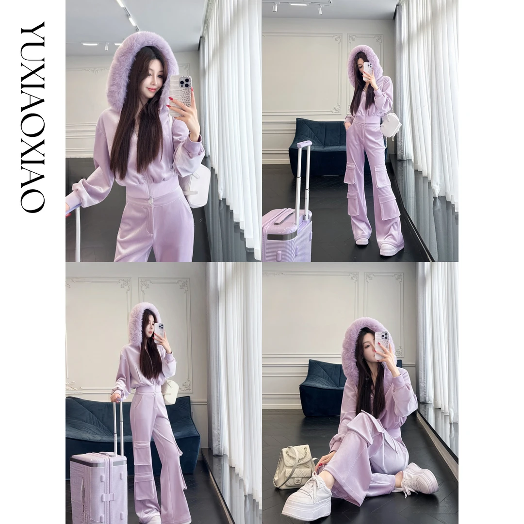 余潇潇【微醺奶芋】时尚拼接烫钻弹力毛领丝绒短款外套&工装裤套装