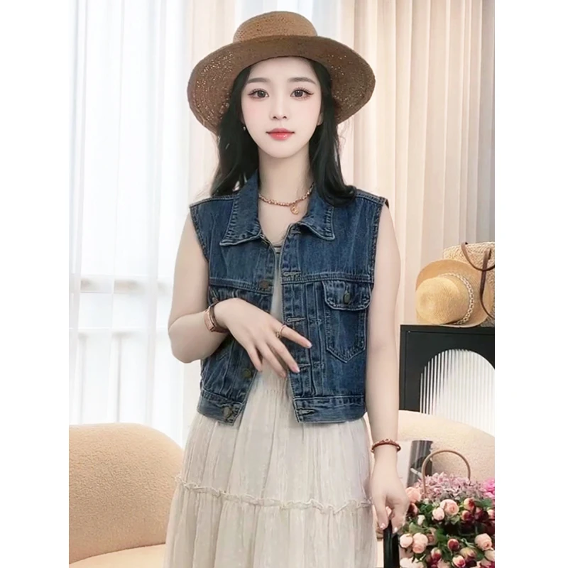 气质韩版复古无袖牛仔马甲开新款夏季森女坎肩背心短款马夹外套潮
