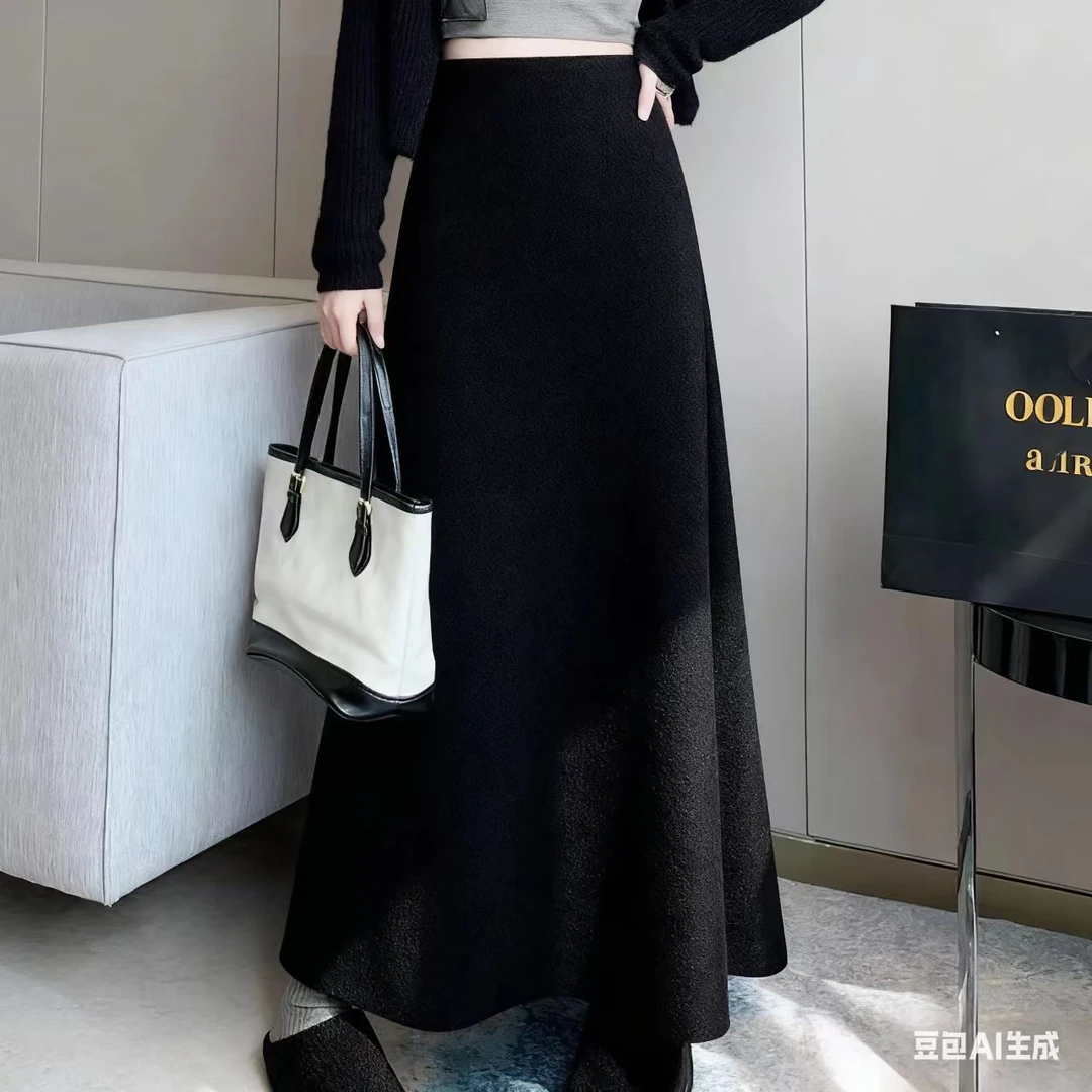 2025秋冬新款法式糯米绒A摆半身裙垂感毛呢长裙子  006