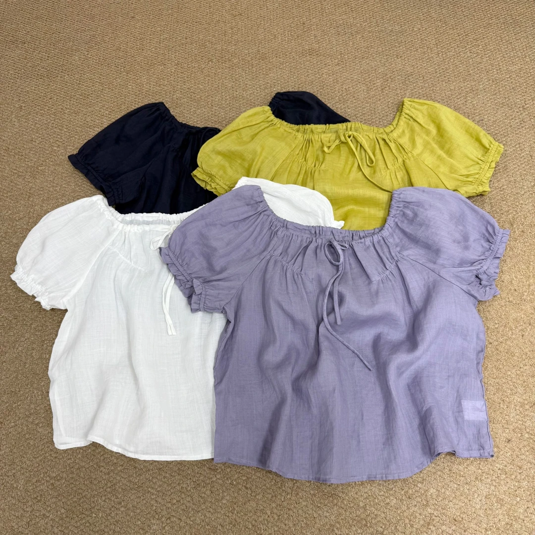 艺安 【夏至】100%苎麻韩系大圆领短款褶皱来去缝娃娃衫上衣