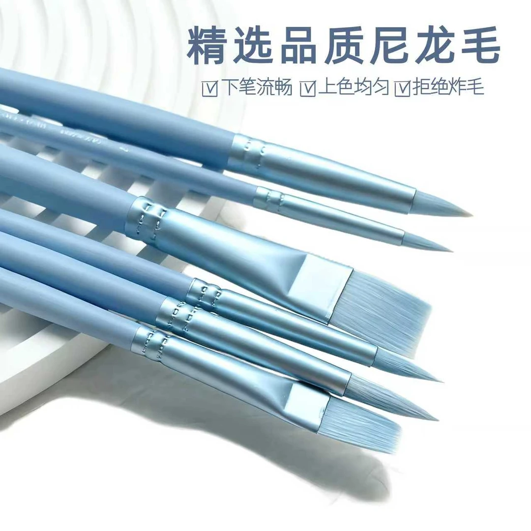 木杆尼龙画笔套装6支马卡龙色水彩颜料绘画笔刷美术专用手绘画笔
